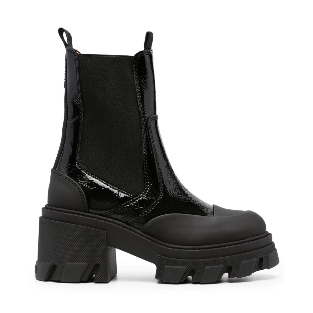 Cleated Heeled Mid Chelsea Boots in Black Naplack